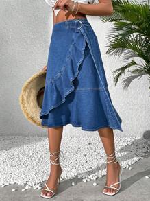 Breezaya Women's Denim Ruffle Hem Midi Skirt - Medium Wash - View 6