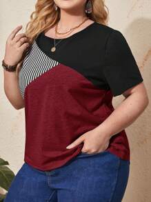 EMERY ROSE Plus Size Women's Casual Striped And Printed Round Neck Short Sleeve T-Shirt, Summer - Burgundy - View 6