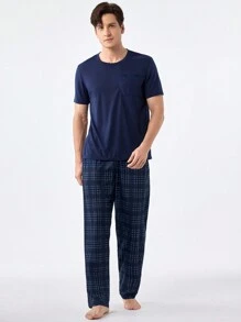 SHEIN Men's Solid Color Short Sleeve Top With Plaid Long Pants Home Clothing Set - Navy Blue - View 2