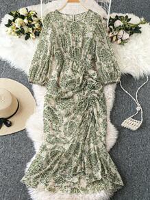 SHEIN LUNE Plus Size Women's Simple Daily Random Print Dress - Green - View 1