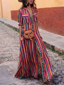 EMERY ROSE Robe chemise maxi à boutonnage avant rayé coloré pour les loisirs de vacances des femmes - Multicolore - Voir 1