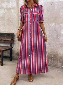 EMERY ROSE Robe chemise maxi à boutonnage avant rayé coloré pour les loisirs de vacances des femmes - Multicolore - Voir 8