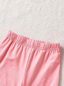 SHEIN Girls' Pink Coconut Tree Printed Round Neck Long T-Shirt + Shorts Set For Vacation And Beach, Spring/Summer - Black - View 4