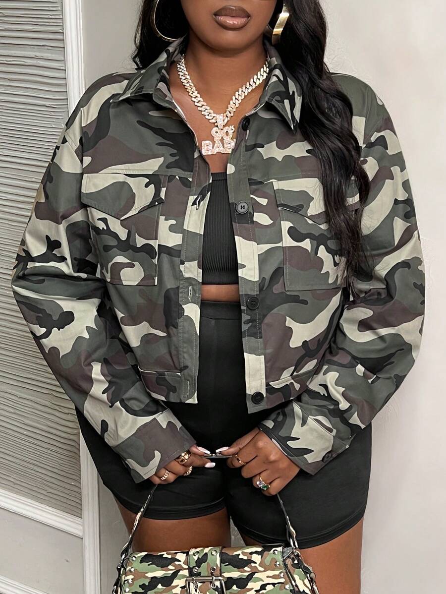 Slaydiva Áo khoác in hình ngụy trang thông thường dành cho nữ có kích thước lớn - Nhiều màu - Xem 1