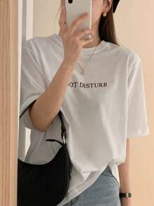 DAZY 女式宽松常规字母印花 T 恤夏季图案 T 恤学院风上衣 - 白色 - 查看 2