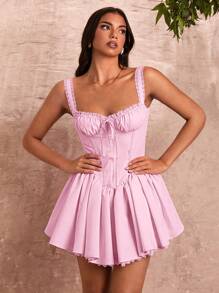 SHEIN BAE Women's  Ruched Camisole Backless Lace Splice A-Line Mini Dress - Baby Pink - View 4