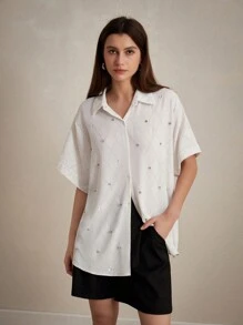 Aveloria Modichic Exquisite White Net Diamond Studded Loose Short Sleeve Shirt For Commuting Fall Cloth For Women - White - View 3