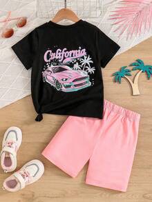 SHEIN Girls' Pink Coconut Tree Printed Round Neck Long T-Shirt + Shorts Set For Vacation And Beach, Spring/Summer - Black - View 5