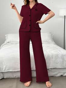 Cherry Embroidery Contrast Trim Short Sleeve Top And Pants Women's Pajama Set Lounge Set