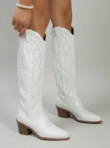 2024 Spring Autumn New Plus Size Women Outdoor Western Embroidered Knee-High Boots