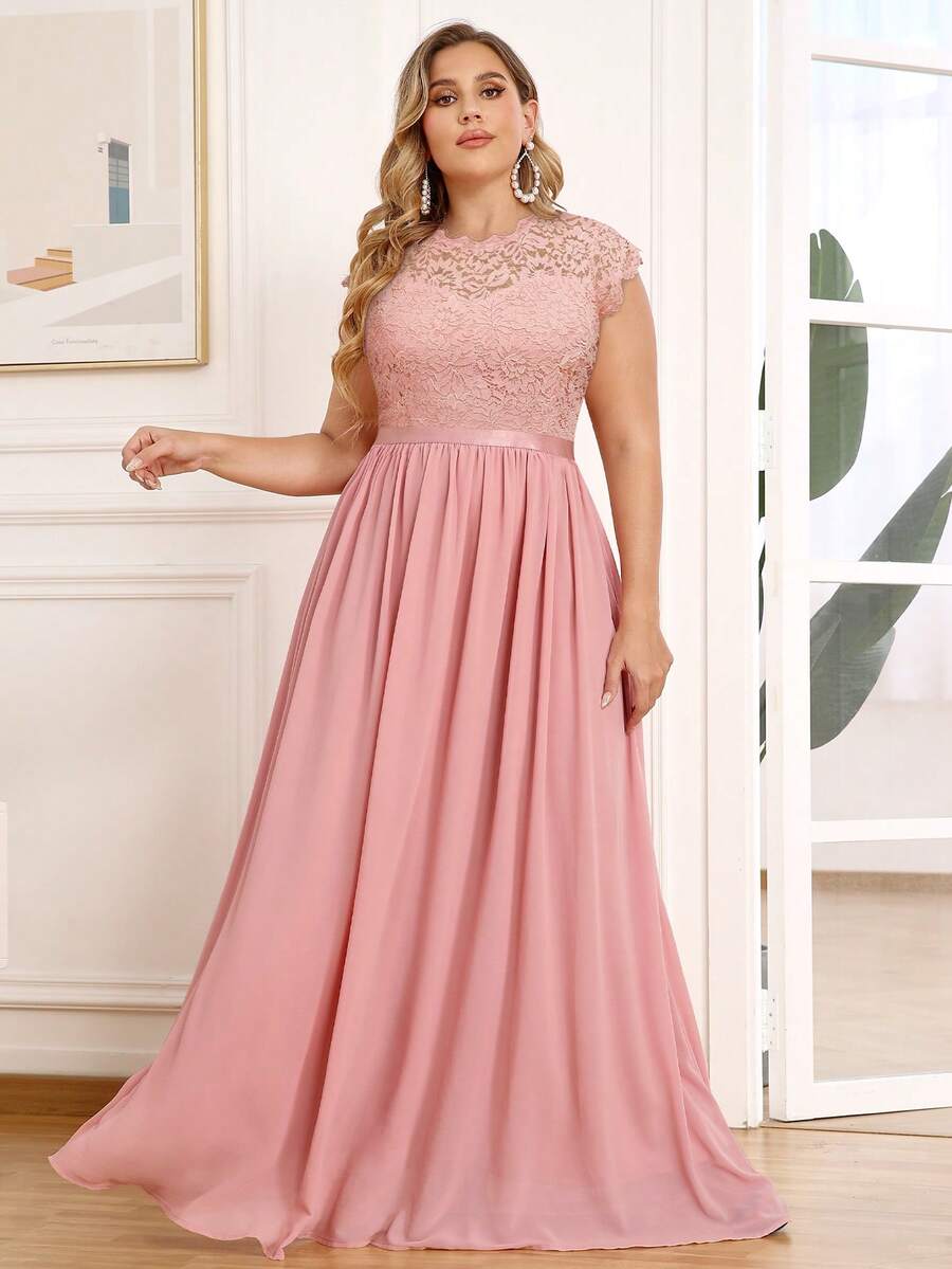 MIUSOL Plus Contrast Floral Lace Chiffon Maxi Formal Dress - Baby Pink - View 1