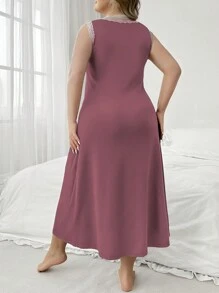 SHEIN 大码撞色蕾丝拼布蝴蝶结装饰无袖睡衣睡裙，长裙 - 西瓜粉 - 查看 2