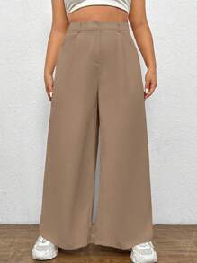 SHEIN EZwear 大尺碼女士純色寬腳褲 - 棕色 - 查看 1