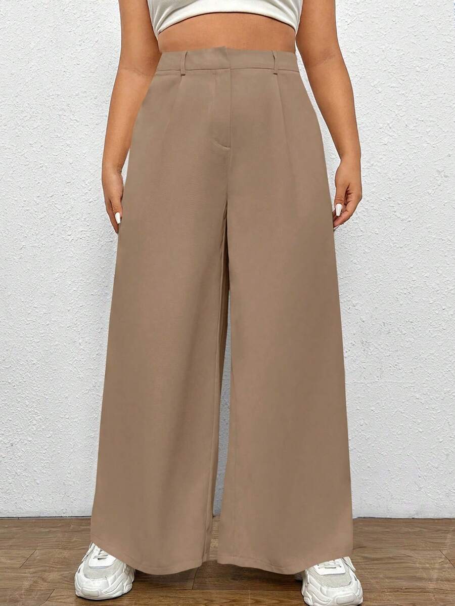 SHEIN EZwear 大尺碼女士純色寬腳褲 - 棕色 - 查看 1