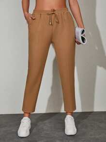 EURMUSE Pantalones unicolor de cintura con cordón con bolsillo oblicuo - Camel - Ver 5