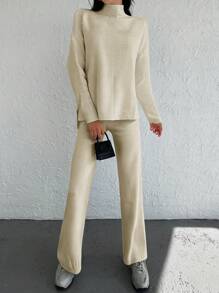 EURMUSE High Neck Drop Shoulder Jumper & Knit Trousers - White - View 1