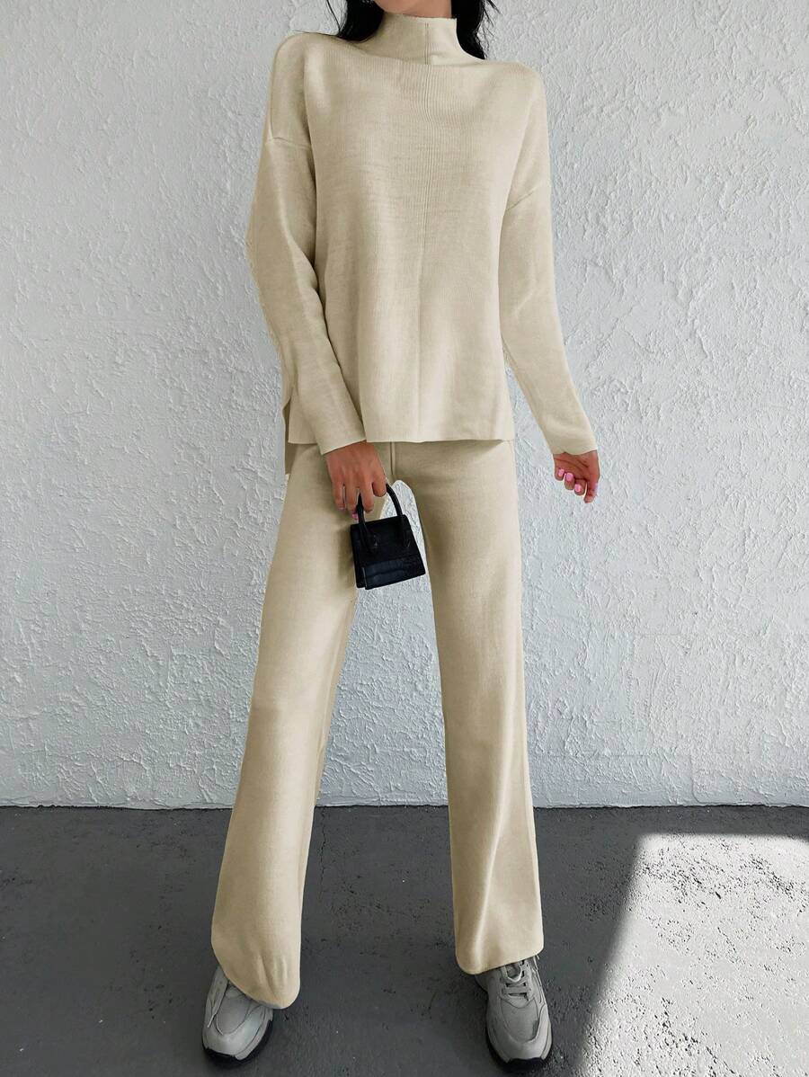 EURMUSE High Neck Drop Shoulder Jumper & Knit Trousers - White - View 1