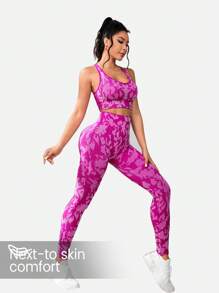 Easithlete Allover Print Crisscross Backless Wideband Waist Sports Set - Hot Pink - View 2