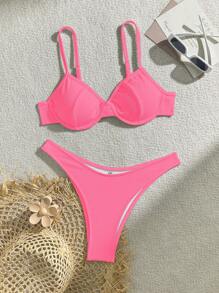 SHEIN Swim Women's Summer Beach Solid Color Sexy Bikini Set Bathing Suit - Hot Pink - View 5