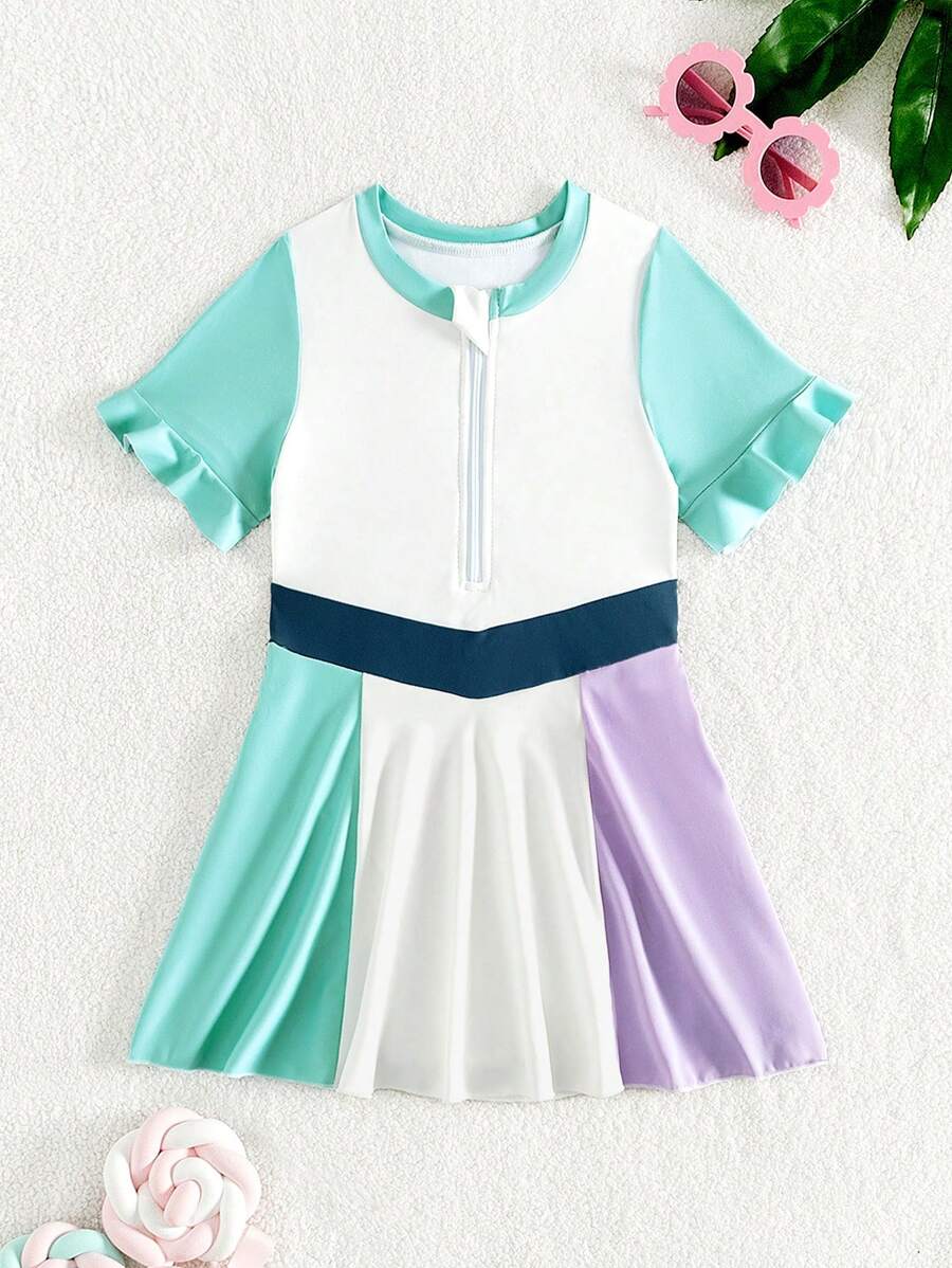 SHEIN Cute Color Block One-Piece Swimsuit With Ruffle Edge And Active Style Skirt, Beach/Swimming Pool Wear - White - View 1