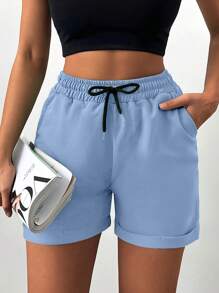 Cloudara Ladies' Solid Color Simple Casual Shorts - Baby Blue - View 3