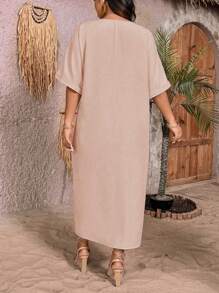 SHEIN Clasi Lässiges Kleid in Große Größen mit fledermausärmeln, Twist-Front und einfarbiger Optik für den Urlaub - Altrosa - Übersicht 2