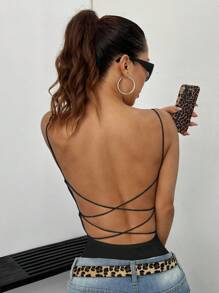 SHEIN EZwear Solid Color Simple Backless Fashion Summer Bodysuit - Black - View 5