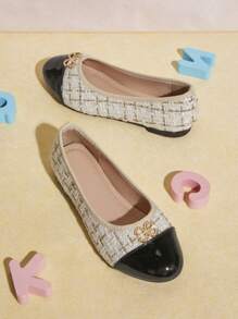 Mini mi 兒童時尚格紋圖案休閒舒適平底鞋 - 米色 - 查看 2