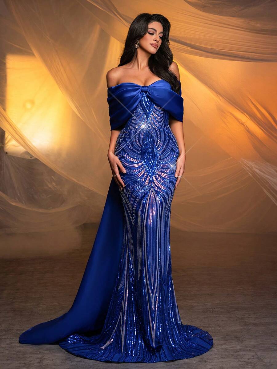 SHEIN Belle Vestido de Festa Longo Feminino de Sereia Bordado Cintilante, Decote Tomara que Caia com Laço, Cetim Elegante (Modelo Pesado), Para Formatura, Jantar, Casamentos e Eventos Formais - Azul Royal - Visão 1