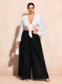 SHEIN SXY Plus Size Summer Solid Color Deep V-Neck Strap Cropped Top & Pleated Wide Leg Pants Set - Multicolor - View 5