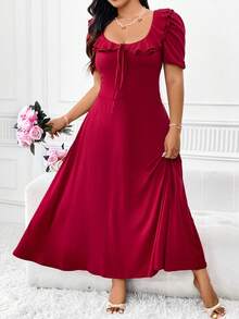 Sunnyshic Plus Size Double Layer Ruffle Design Loose Fit Puff Sleeve Round Neck Dress With Big Dress Burgundy Maxi Vacation Beach Outfits Women - Burgundy - View 6