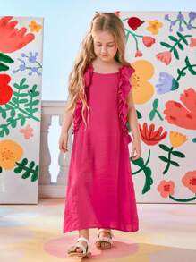 SHEIN Conjuntos Combinando Mãe e Filha (2 peças vendidas separadamente), Menina Jovem: Vestido de Comprimento até o Tornozelo com Babado de Chiffon de Cor Sólida sem Mangas, Estilo de Praia Relaxante, Adequado para Verão, Praia, Piquenique, Passeio em Família, Uso Diário, Combinando com a Mãe - Pink - Visão 5