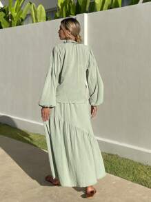 RueChic 綁帶領口長袖上衣，帶褶邊設計，優雅編織套裝，適用於夏季 - 薄荷綠 - 查看 6