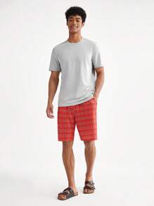 Men's Solid Color Short Sleeve Top And Checkered Shorts Homewear Set - Multicolor - View 5