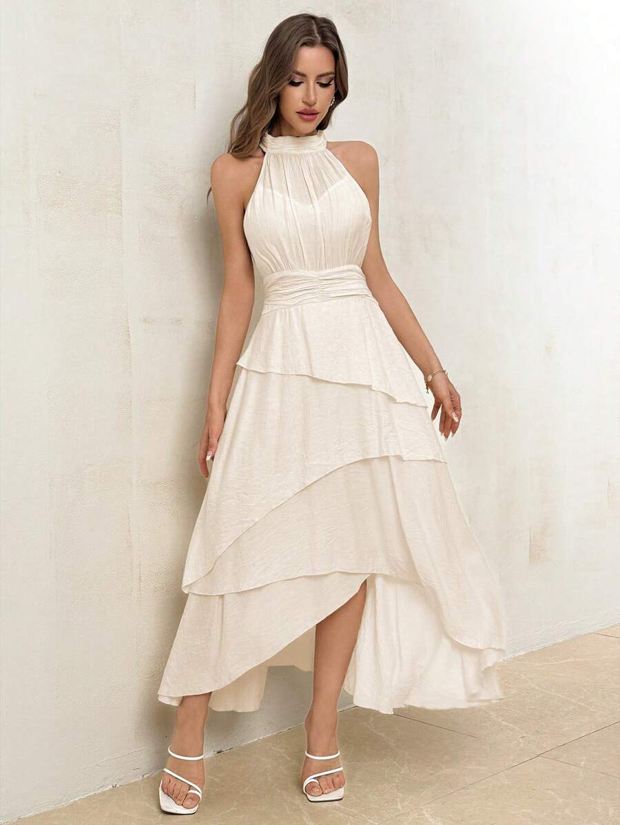 SHEIN Privé 女裝夏季純色立領綁腰設計荷葉邊吊帶連身裙 - 杏色 - 查看 1