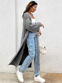 EURMUSE Cable Pattern Long Thick Cardigan - Grey - View 4