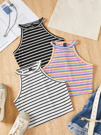 SHEIN EZwear 夏季3入組編織條紋牽結緊身上衣，配色設計