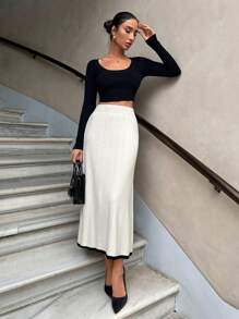 EURMUSE Women Solid Color Ribbed Knit Stripe Hem Sweater Skirt - Beige - View 8