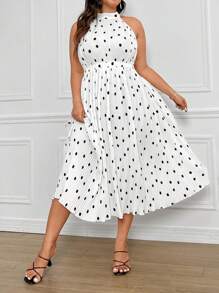 Celure Plus Size Polka Dot Pleated Dress With Ribbon Ties