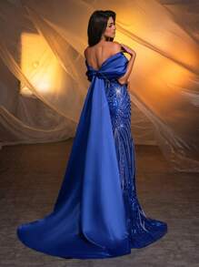 SHEIN Belle Vestido de Festa Longo Feminino de Sereia Bordado Cintilante, Decote Tomara que Caia com Laço, Cetim Elegante (Modelo Pesado), Para Formatura, Jantar, Casamentos e Eventos Formais - Azul Royal - Visão 2