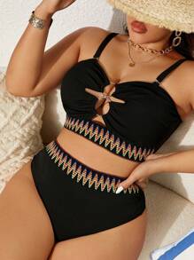 Swim Vcay Bộ bikini sọc màu trơn cỡ lớn có dây mảnh cho kỳ nghỉ hè ở bãi biển - màu đen - Xem 3