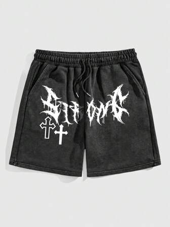 Goth Herren Gothic Sommer Lässig Shorts mit elastischem Taillenbund und Kreuz- und Buchstaben Aufdruck