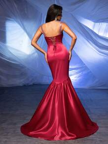 SHEIN Belle Elegant AtmosphereBurgundy Sequins SplicingWide Shoulder StrapsHigh Waist Slim Fishtail A HemBack Adjustable StrapInformal WeddingParticipate In WeddingsEventsBachelor BashPartyBack To School OutfitsHeavy Duty Dinner Party