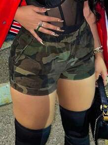 Women's Camouflage Elastic Waist Loose Denim Shorts - Khaki - View 1