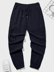 RueChic Men Flap Pocket Side Drawstring Waist Cargo Sweatpants - Black - View 1