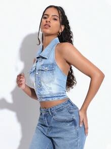 SHEIN EZwear 女士素色休閒牛仔吊帶上衣 - 藍色 - 查看 5