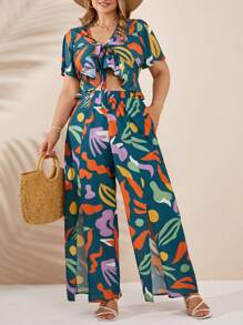 RueChic VCAY Plus Geometric Print Ruffle Trim Top & Wide Leg Elastic Belted Pants - Multicolor - View 1