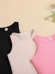 SHEIN 3pcs/Set Knitted Solid Color Round Neck Sleeveless Dress Suit For Tween Girls - Apricot - View 3