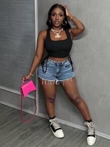 Slaydiva 音樂節性感派對簡約無肩帶劈叉修身迷你針織純色連衣裙，帶後繫帶 - Z - 黑色 - 查看 3