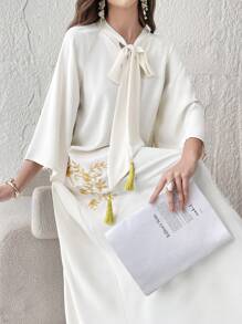 Al Najma 女士朴素简约日常朴素长袖阿巴亚连衣裙 - 杏色 - 查看 1